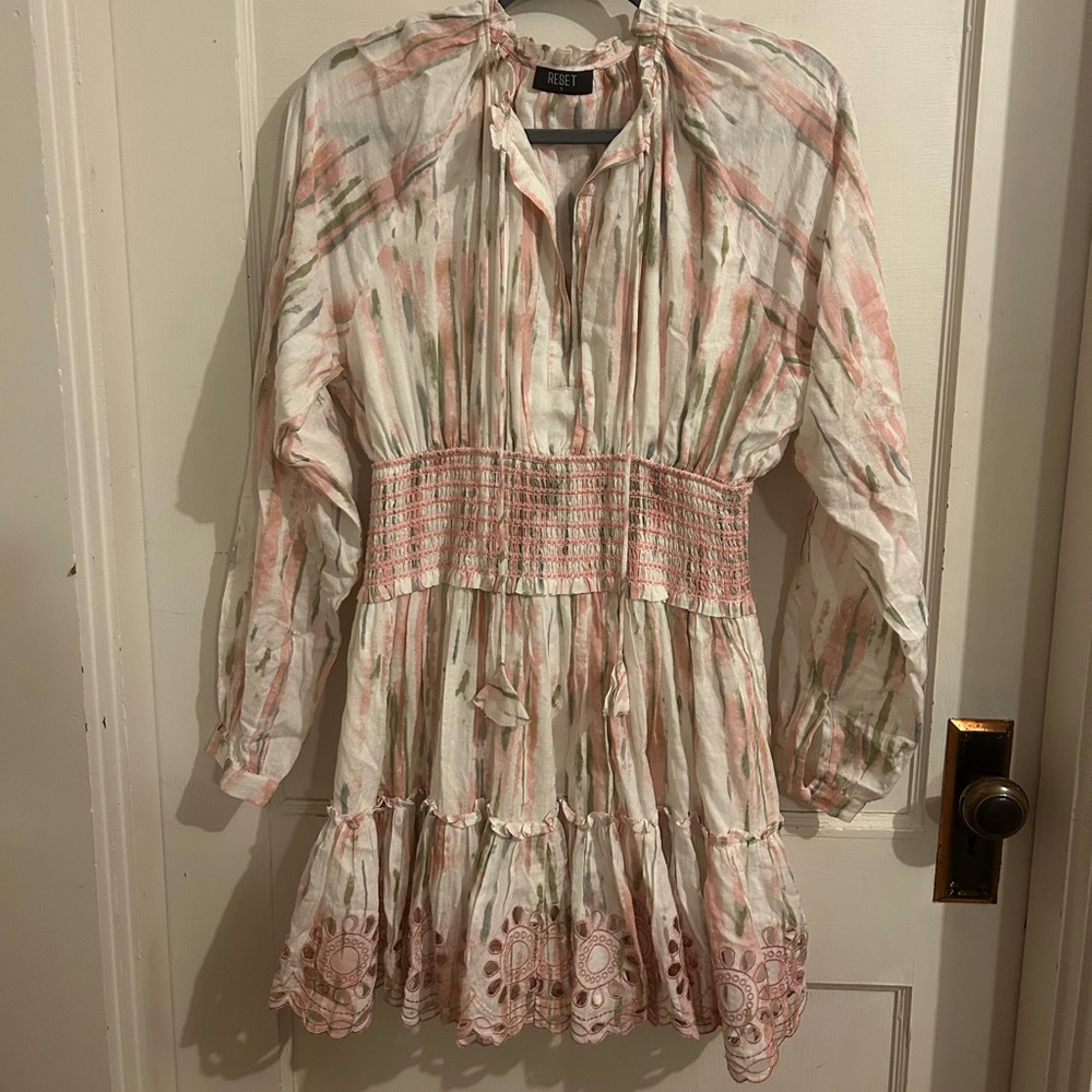Pink and Green Long Sleeve Mini Dress